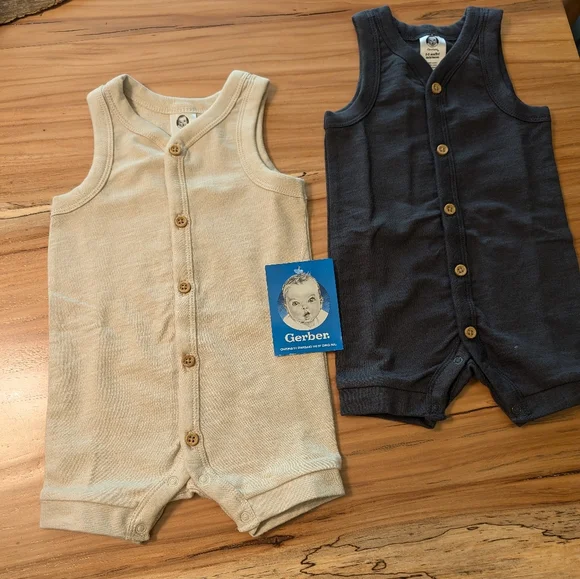 NWT 2-Pack Baby Boys Tan & Dark Gray Short Leg Sleeveless Romper - Picture 1 of 7
